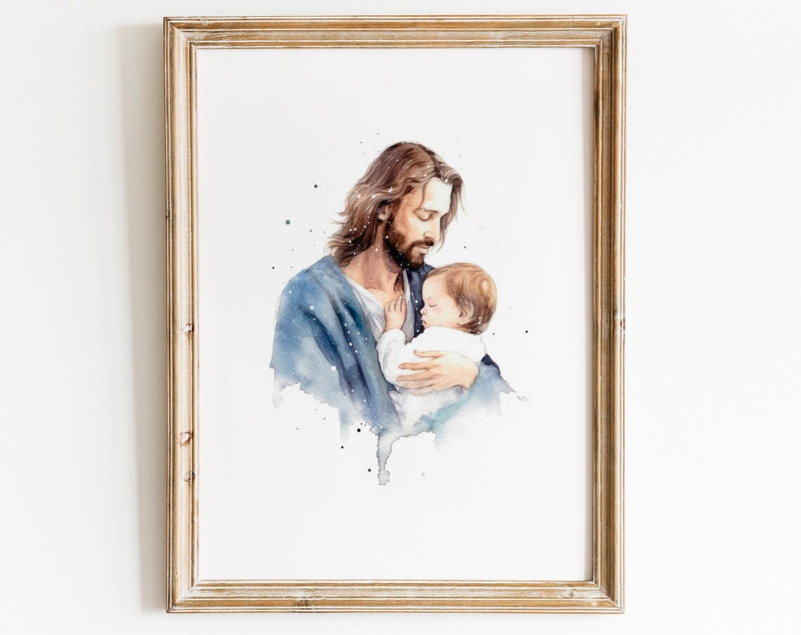 Jesus Painting With Boy, Christian Nursery Art Print
