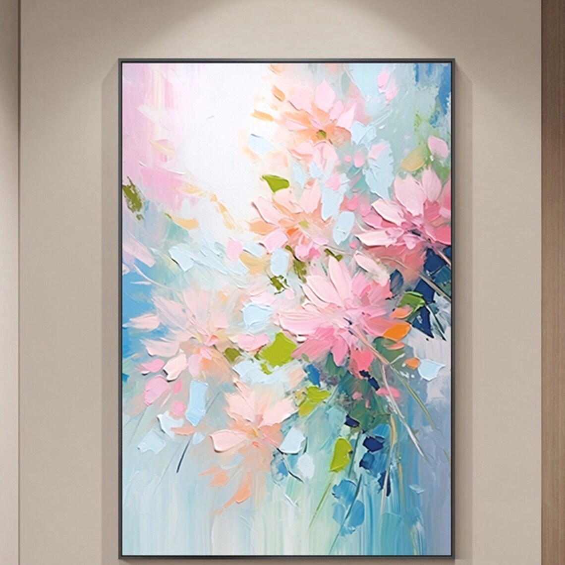 Soft Pink Pastel Floral Spray Blue Green Vertical Blossom Wall Art