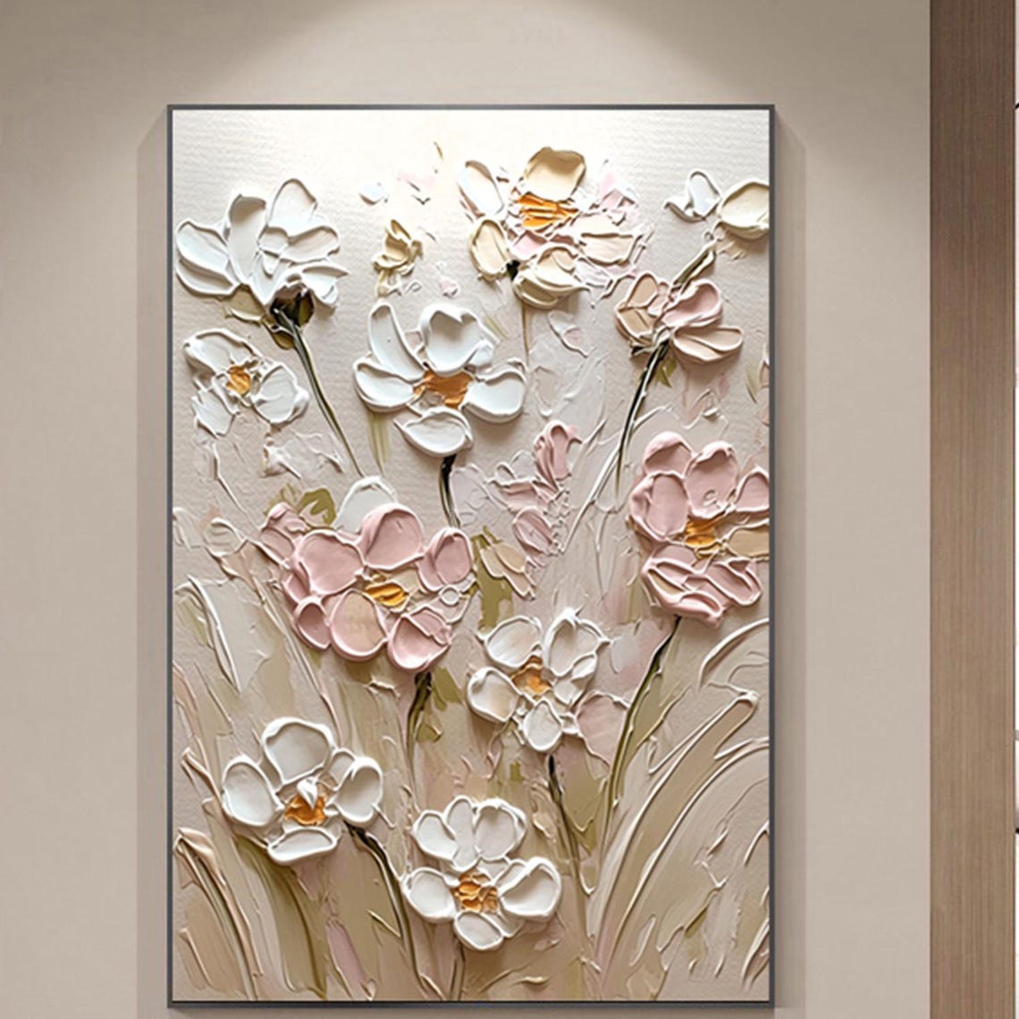 White Pink Blossom Dark Stems 3D Textured Floral Painting Poster