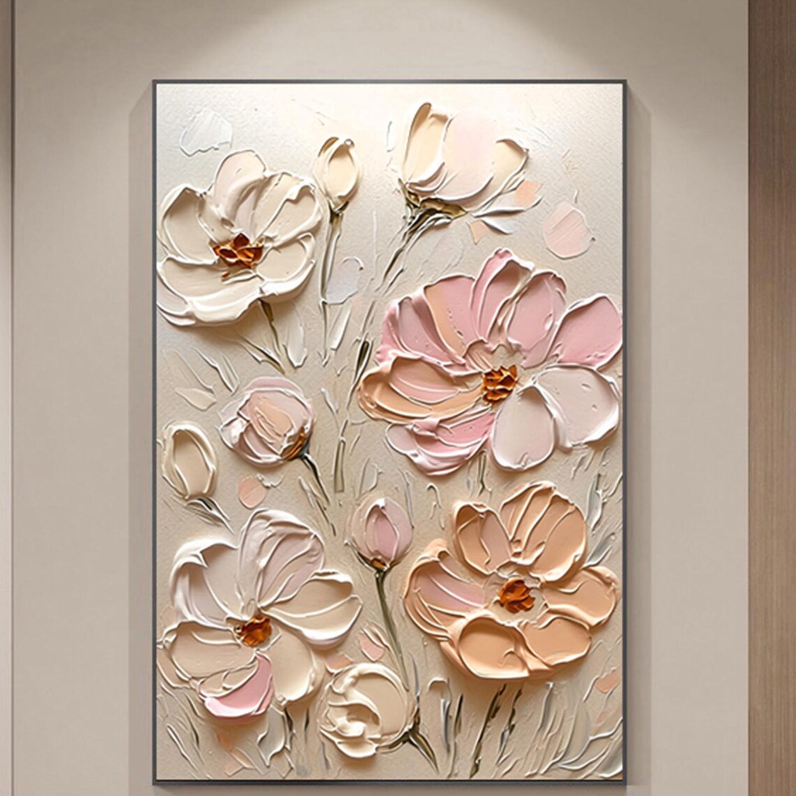 Cream Pink Apricot Bloom Beige 3D Textured Floral Painting Poster