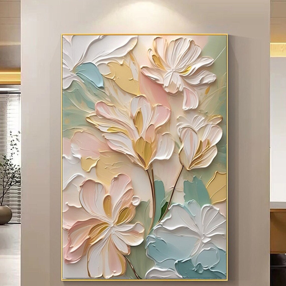 Cream Gold Lily Blossoms Sage Green Elegant Large Floral Wall Art