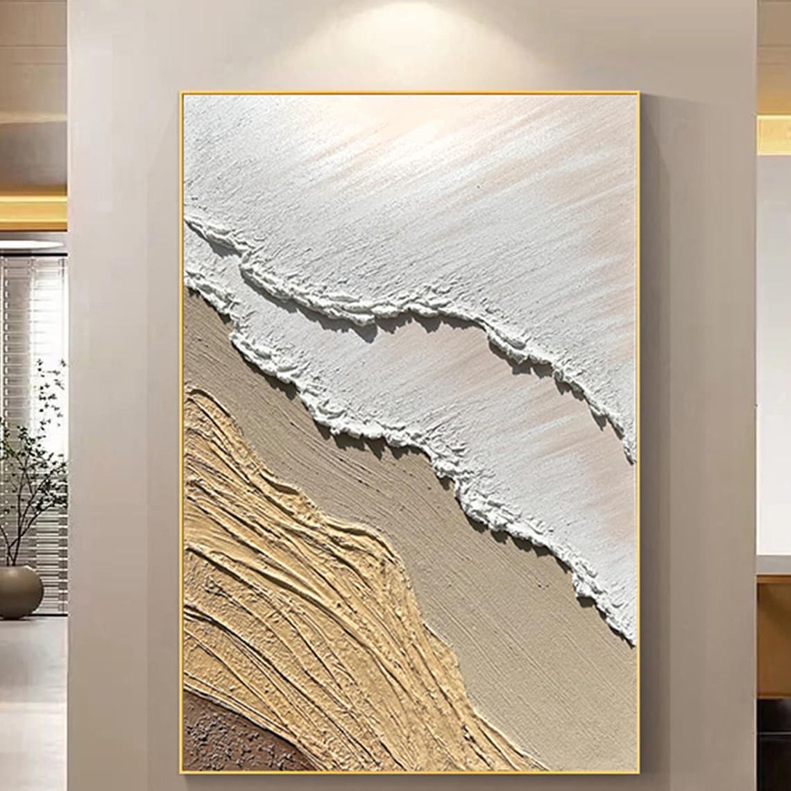 Beige White Textured Rock Waves Neutral Abstract Framed Wall Art - Image 5