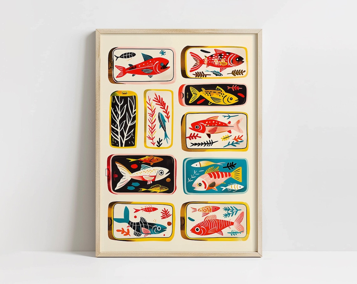 Cute Sardine Tins Poster, Scandi Style Kitchen Print