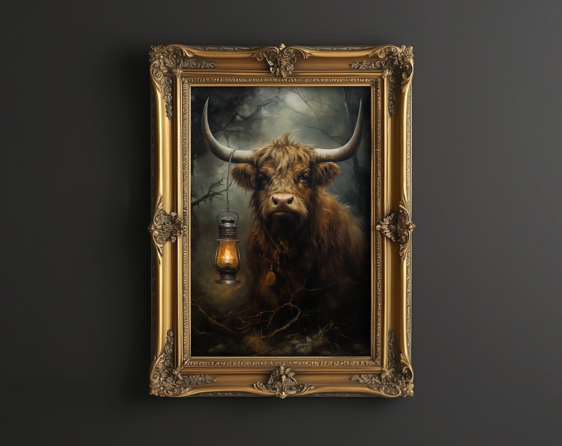Highland Cow Picture Moody Print Rustic Farmhouse Art Animal Vintage Halloween Painting Dark Academia Wildlife