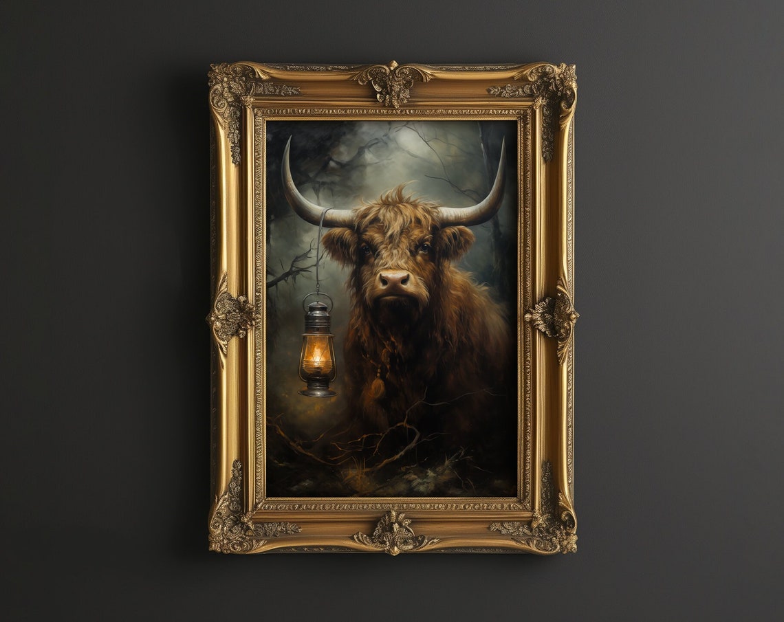 Moody Highland Cow with Hanging Lantern Dark Rustic Farmhouse Poster