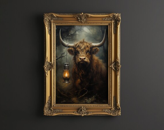 Highland Cow Picture Moody Print Rustic Farmhouse Art Animal Vintage Halloween Painting Dark Academia Wildlife