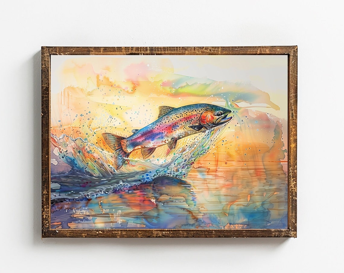 Rainbow Trout Leaping From Water In Bright Watercolor Style Poster