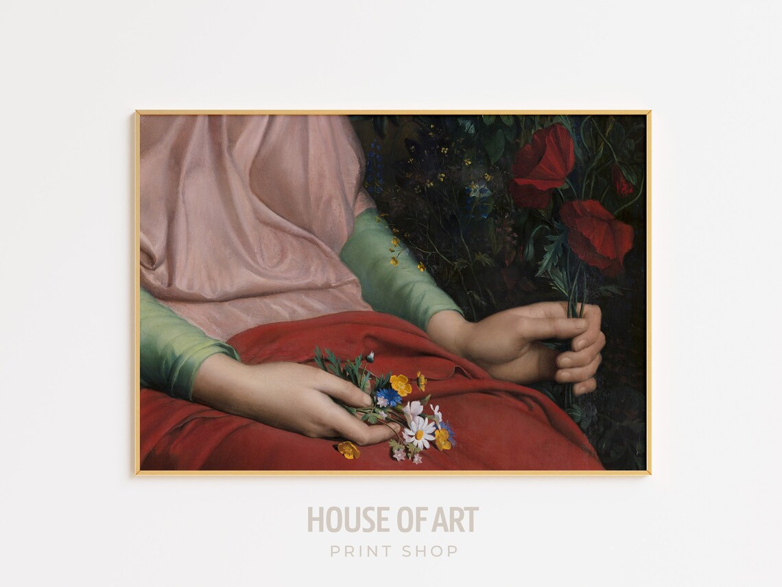 Woman's Hands Holding Wildflowers Red Dress Floral Oil Print - Image 2