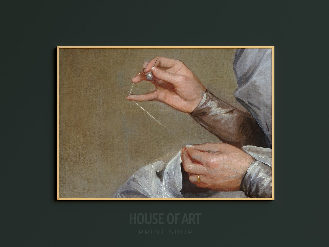 Vintage Hands Threading Needle Sewing Silk Detail Oil Painting Wall Art - Image 3