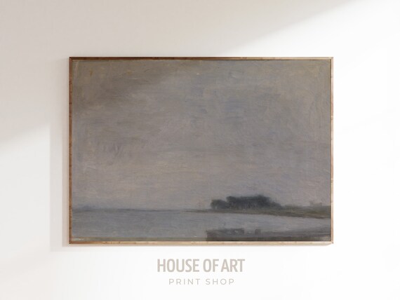 Vintage Island Coastline Artwork Seascape Instant Print Moody Water Landscape Oil Painting Impressionist Grey