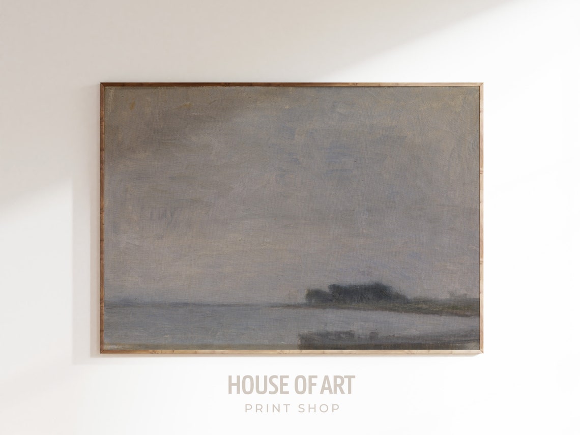 Minimal Gray Seascape Distant Shore Soft Cloudy Tonal Oil Poster