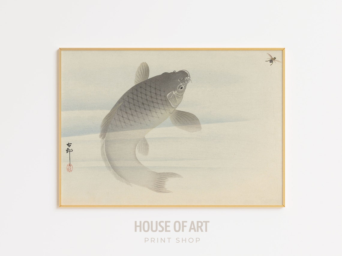Japanese Woodcut Carp Fish And Fly Minimal Aquatic Nature Art Print - Image 3