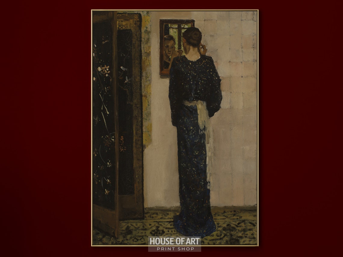 Girl In Kimono Print Moody Woman Portrait Painting Muted Vintage Print Vintage Farmhouse Antique Decor Dark Academia Wall Art - Image 3