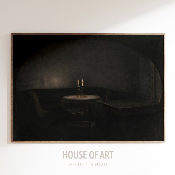 Candle Light Oil Painting Dark Moody Artwork Interior By Candlelight Painting Danish Dim Winter Art Print Mysterious Wall Art