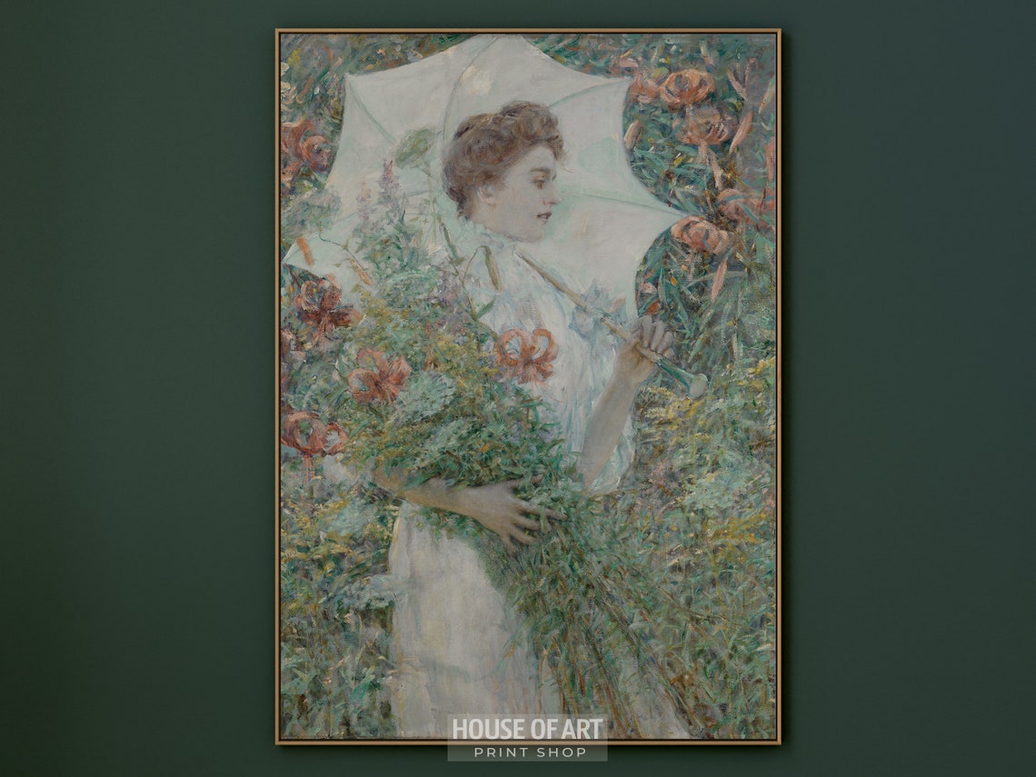 Vintage Portrait Art Dreamy White Parasol Instant Print Woman In Flower Garden Oil Painting Summer White Dress - Image 2