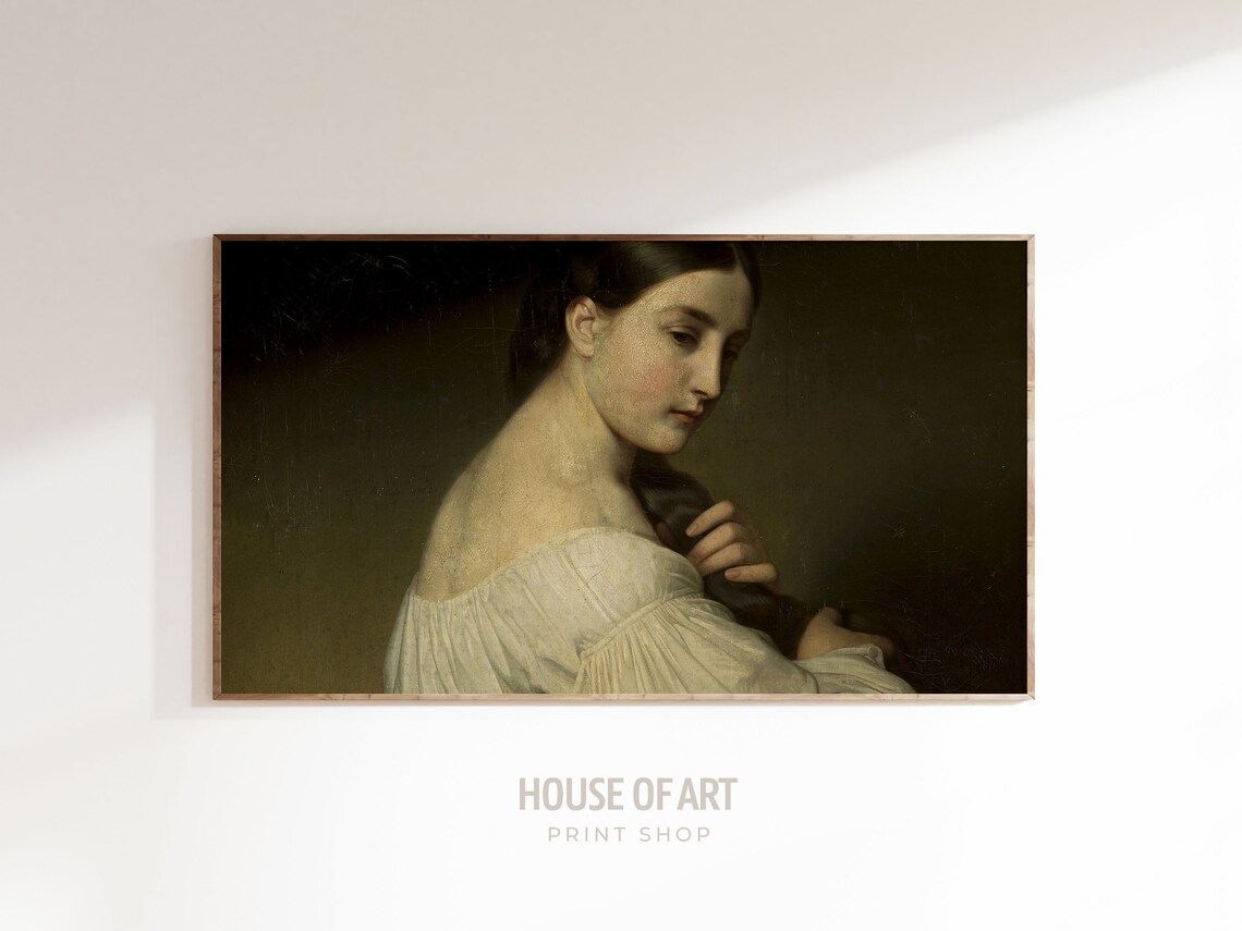 Classic Oil Portrait Young Woman White Blouse Dark Hair Vintage Art Print - Image 3
