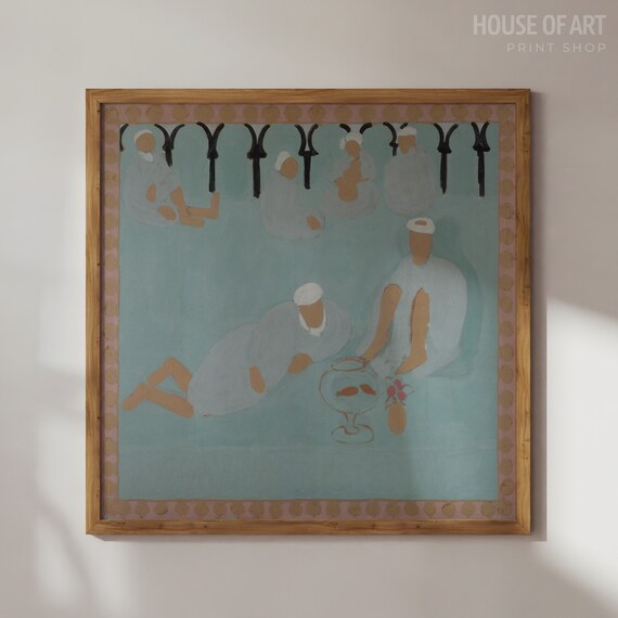 Arab Coffeehouse Scene Square Art Print Moroccan Coffee Shop Poster Goldfish Wall Art Soft Pastel Colors Islamic Wall Art