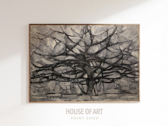 Abstracted Gray Tree Artwork Cubism Nature Instant Print Cubist Oval Plant Grey Monochrome Faceted Oil Painting