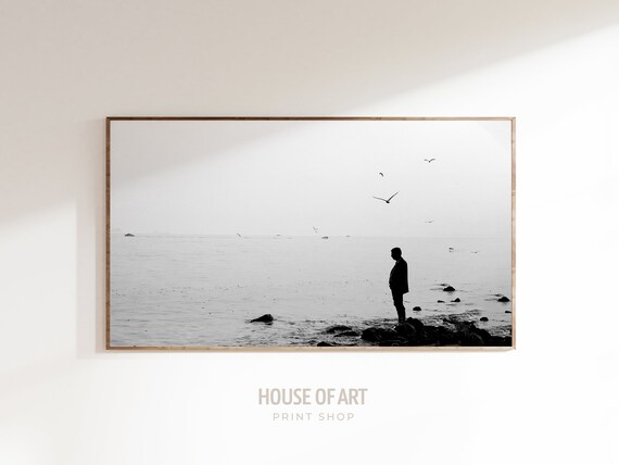 Minimalist Black And White Photo Man On Rocky Shore Birds Wall Art Print