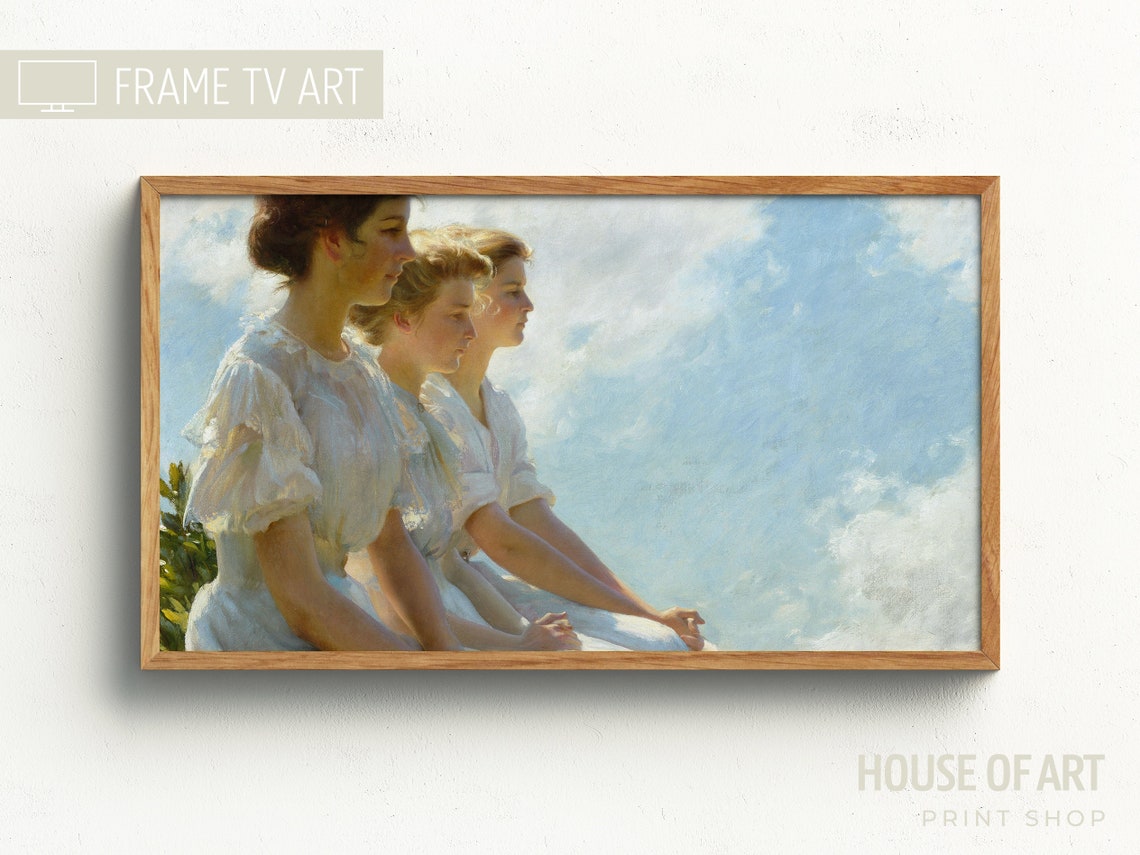 Three Girls In Sunlit Clouds Dreamy Vintage Oil Painting Art Print