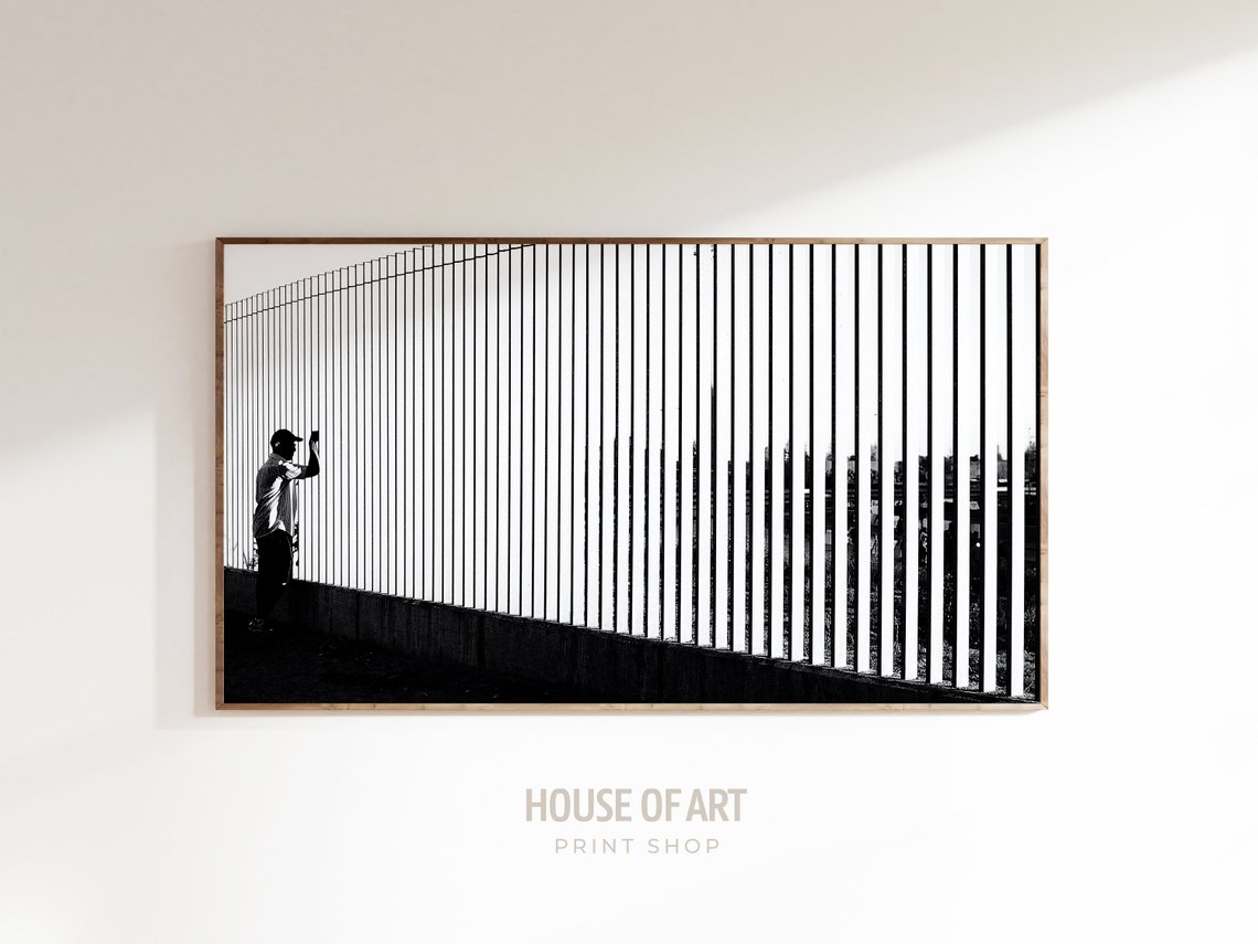 Man By City Fence Black And White Modern Contrast Photography Print