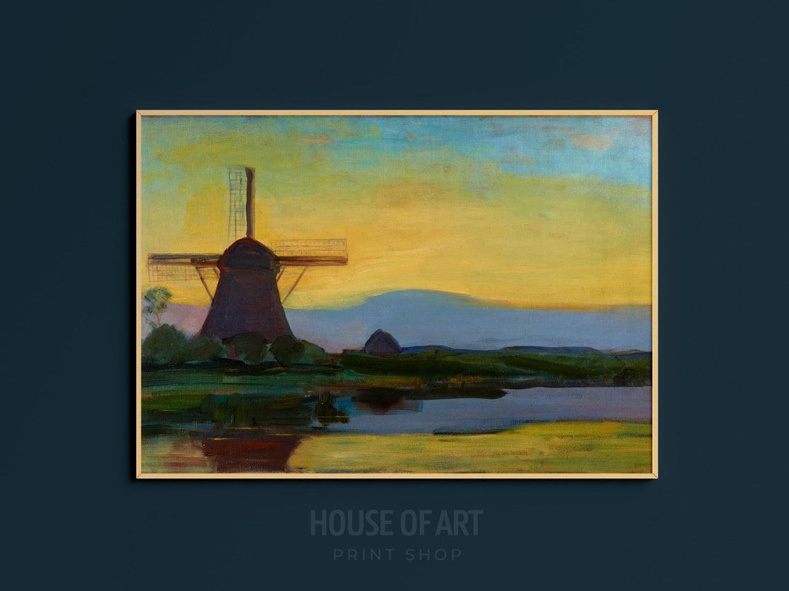 Windmill Golden Sunset Blue Water Reflection Dutch Landscape Poster - Image 3