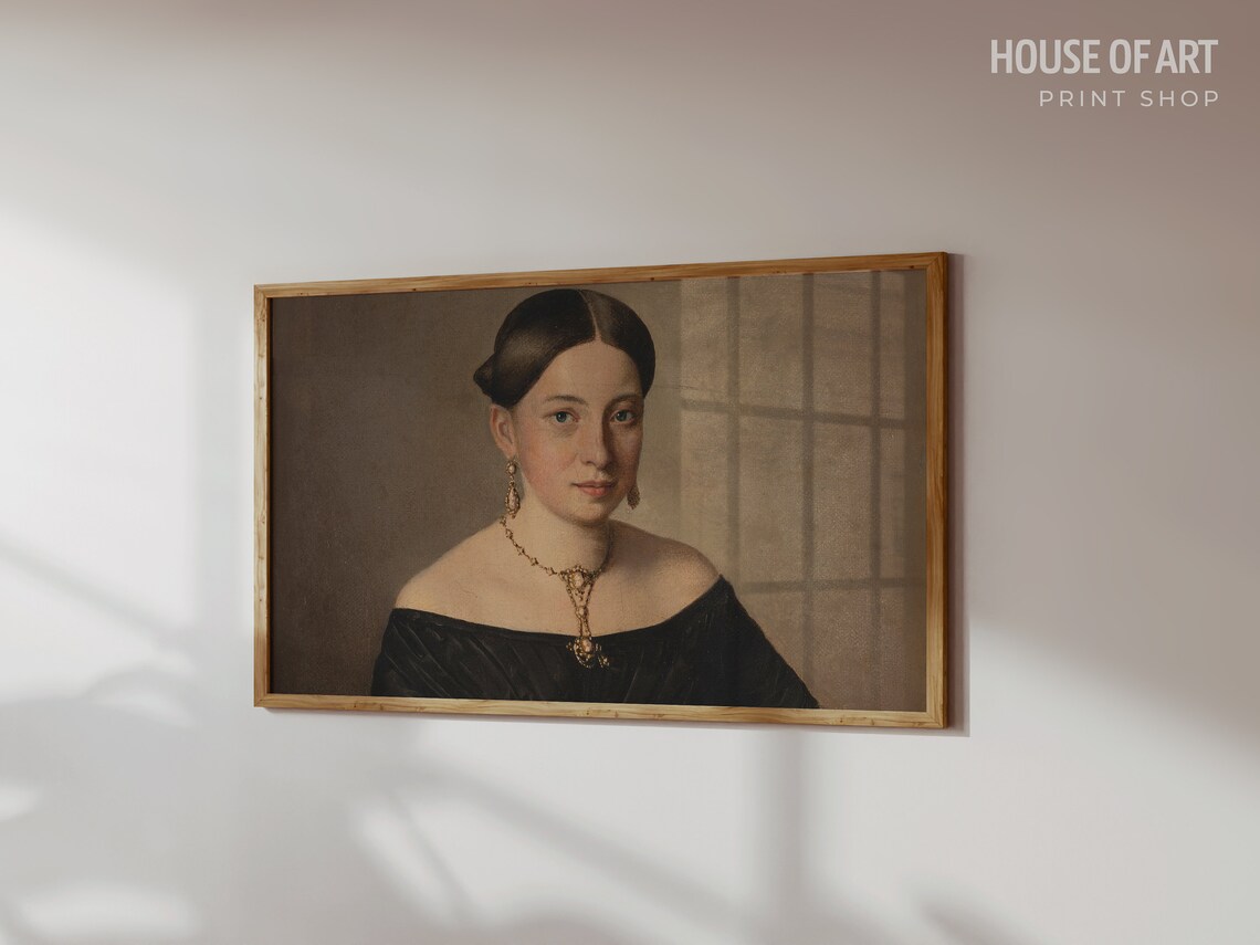 Vintage Portrait Of Elegant Woman Gold Jewelry Classic Oil Painting Print - Image 3