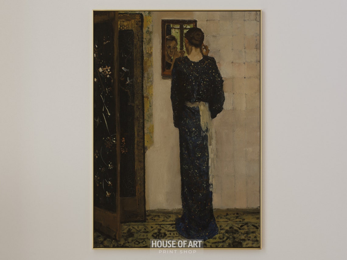 Girl In Kimono Print Moody Woman Portrait Painting Muted Vintage Print Vintage Farmhouse Antique Decor Dark Academia Wall Art