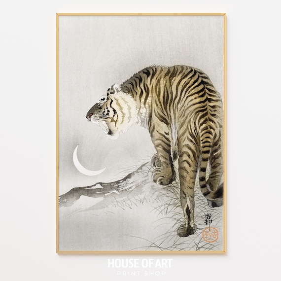 Japanese Woodblock Tiger Crescent Moon Night Vintage Animal Art Poster