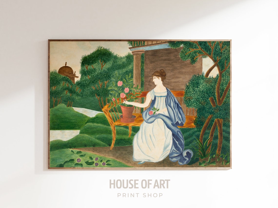 Woman In A Garden Pink Roses Painting Antique Painting Woman Vintage Art Cottage Garden Print Roses Painting Wall Art