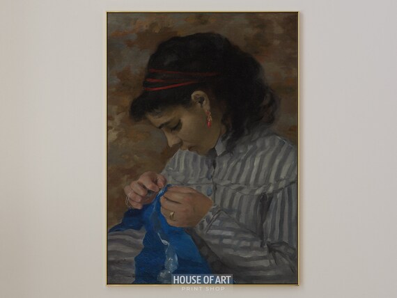 Vintage Portrait Young Woman Sewing Striped Blouse Oil Painting Poster