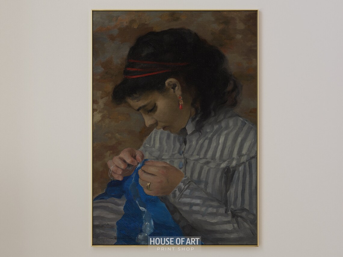 Vintage Portrait Young Woman Sewing Striped Blouse Oil Painting Poster
