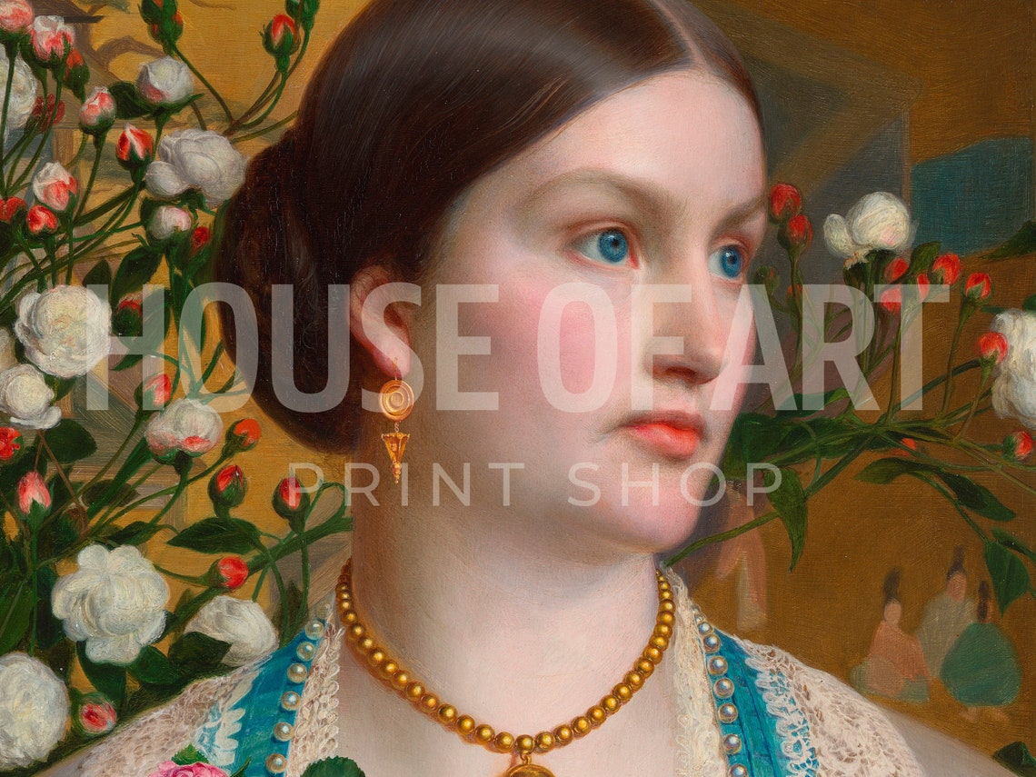 Portrait Of A Woman With Roses Artwork Young Lady And Flowers Instant Print Fair Bejewelled Grace Oil Painting - Image 2