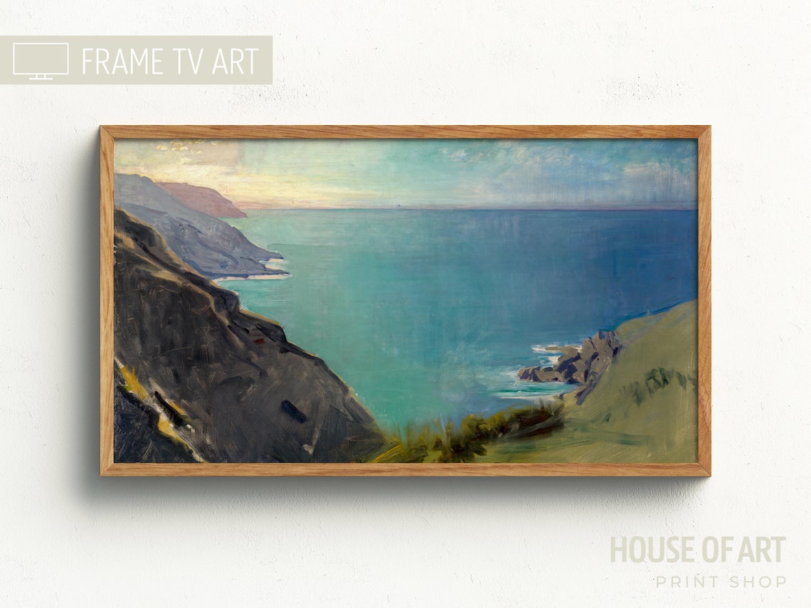 Serene Turquoise Coastline Cliffs Golden Sky Vintage Seascape Poster