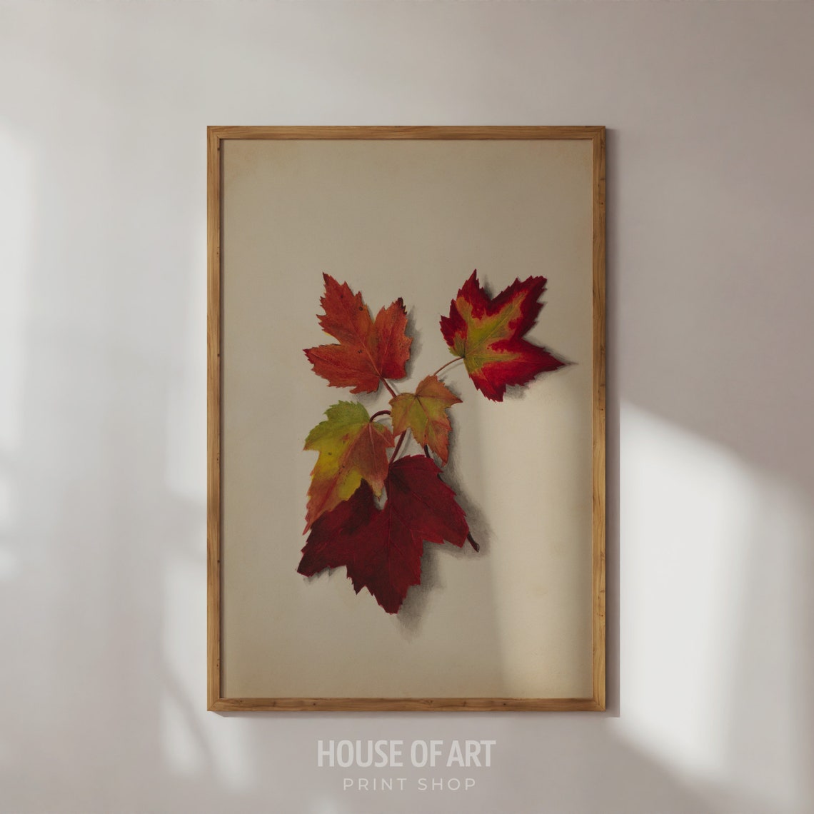 Red Autumn Leaves Watercolor Study Beige Paper Botanical Art Poster
