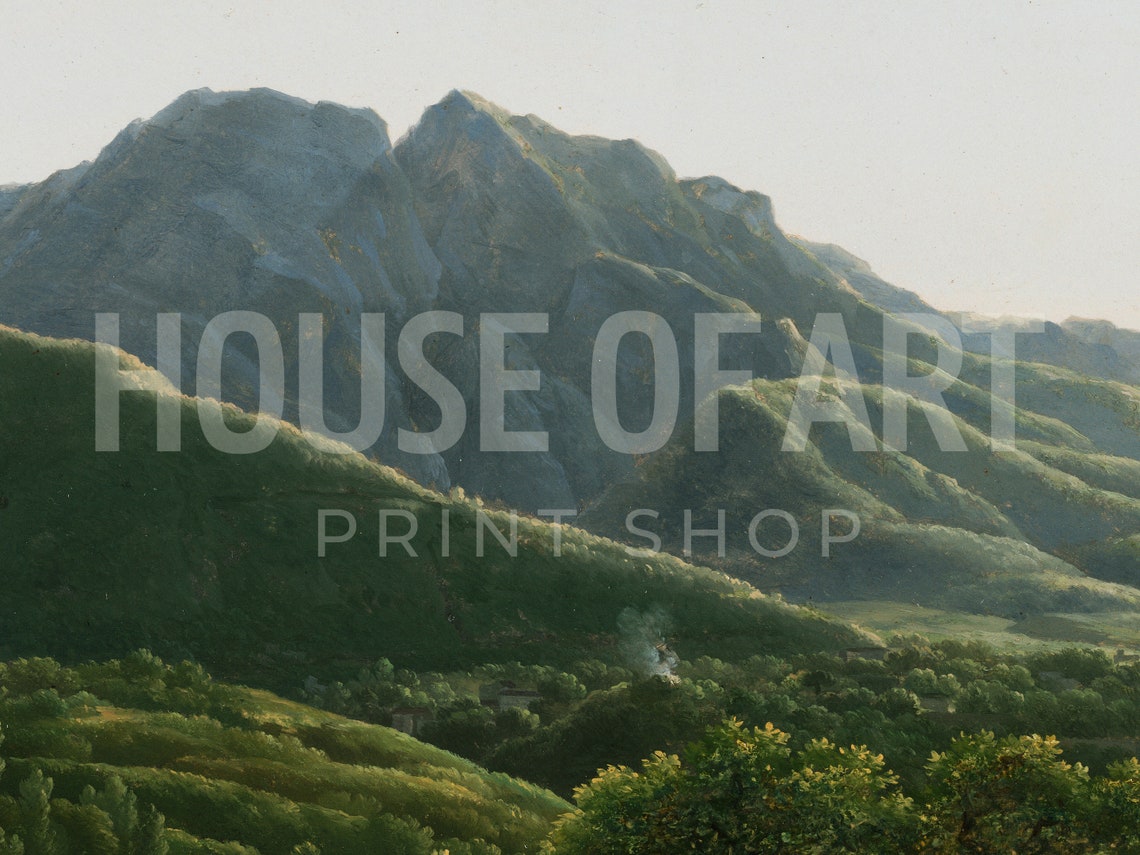 Southern Italian Landscape Oil Painting View Of Cava Kingdom Of Naples Realistic Landscape Morning Light Mountains Wall Art - Image 2