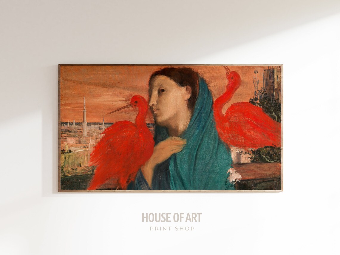 Young Woman With Two Red Birds Vintage Portrait Painting Art Poster - Image 3