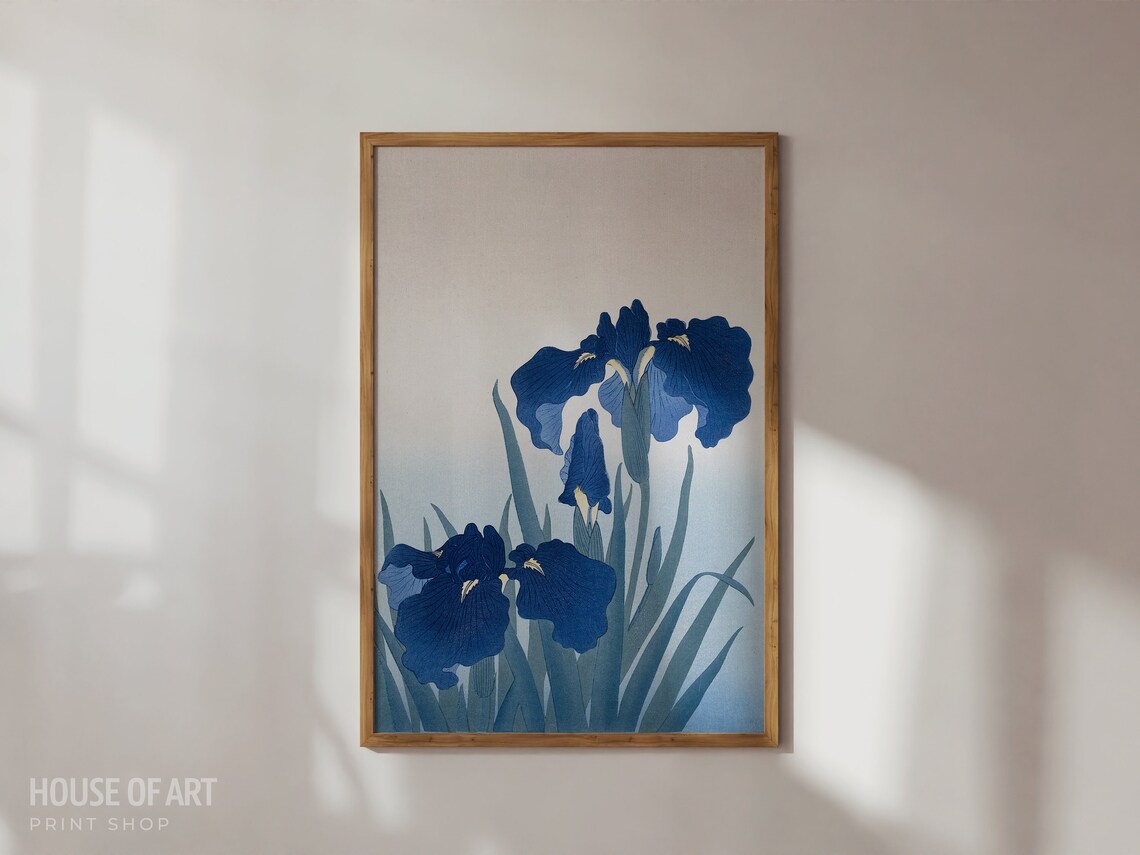 Japanese Botanical Woodcut Deep Blue Irises Blooming Flowers Art Print