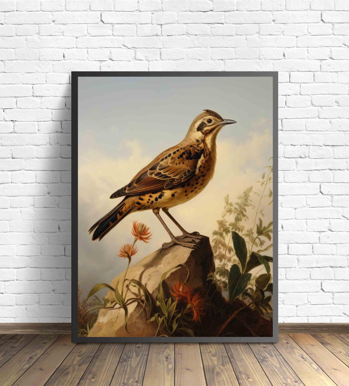 Lark Standing on a Rock with Red Flowers Vintage Bird Art Poster - Image 2