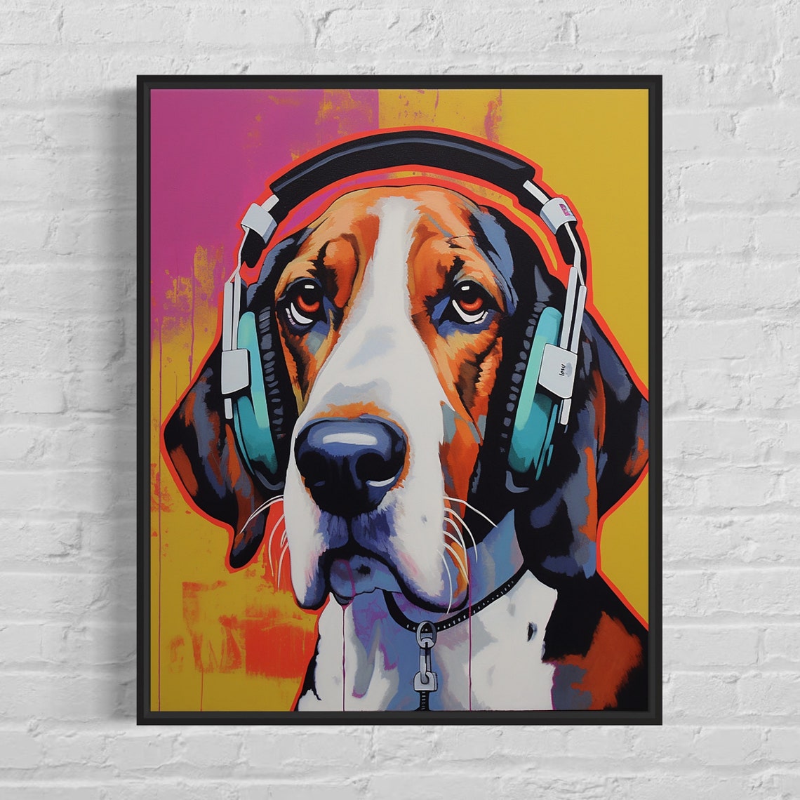Foxhound Dog Wearing Teal Headphones Vivid Pop Art Music Poster