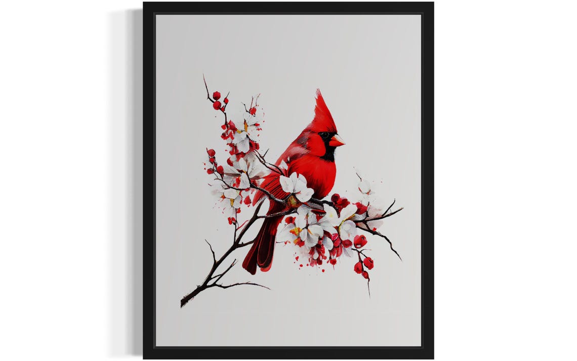 Red Cardinal Perched on Flowering Blossom Branch Watercolor Art Poster