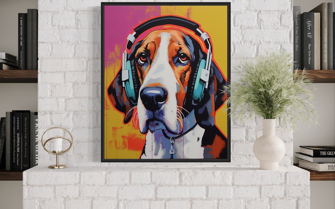 Foxhound Dog Wearing Teal Headphones Vivid Pop Art Music Poster - Image 4