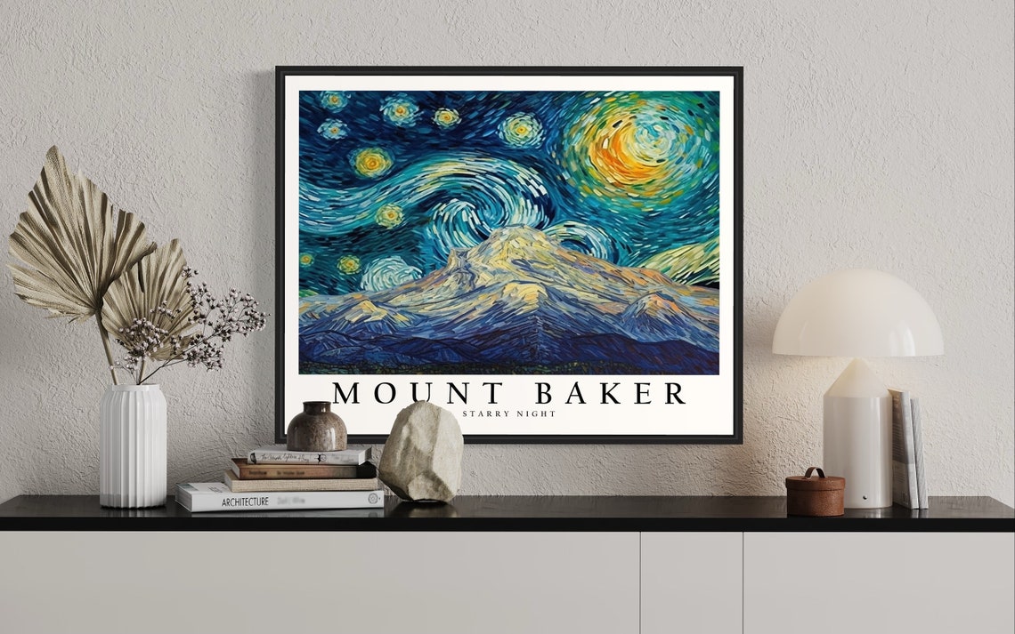 Mount Baker Starry Night Art Print Van Gogh Style Poster Wall Art Original Painting Decor - Image 2