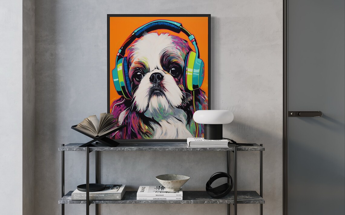 Shih Tzu Dog Wearing Bright Neon Headphones Pop Art Music Poster - Image 2