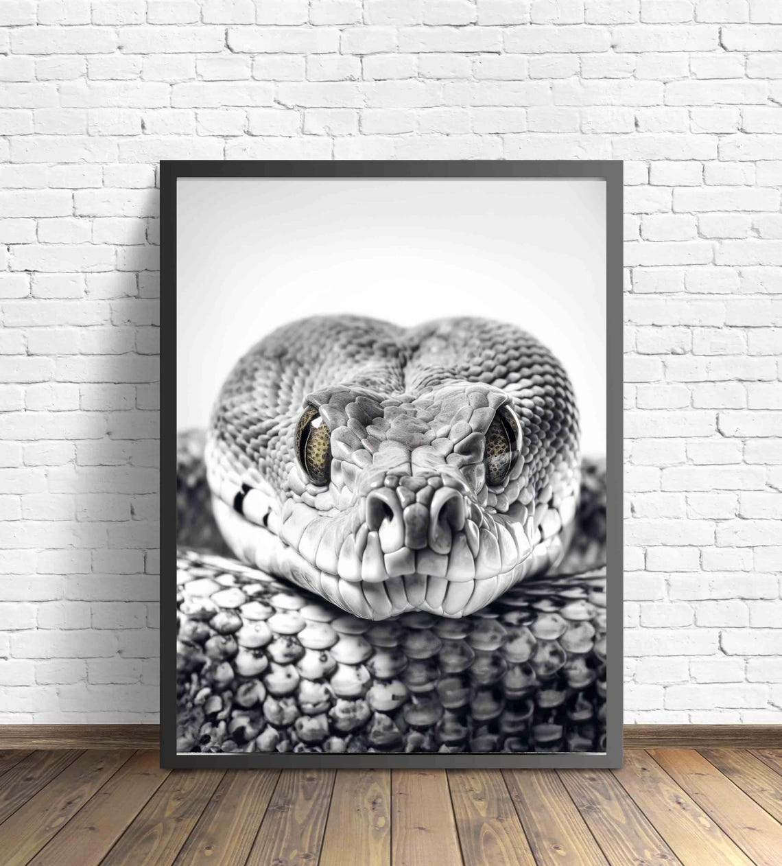 Python Snake Black and White Reptile Close Up Portrait Poster - Image 2
