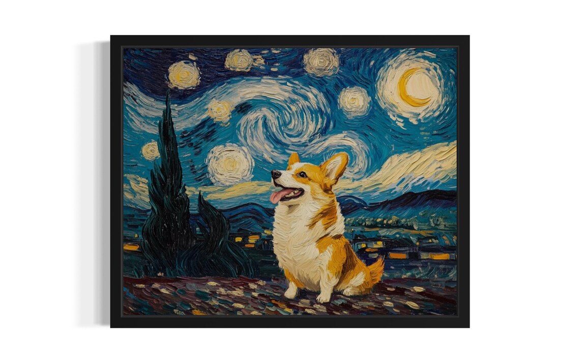 Corgi Starry Night Van Gogh Style Happy Dog Portrait Art Poster