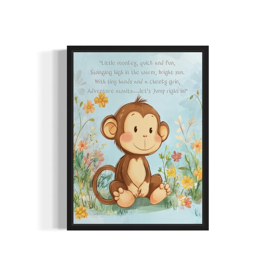 Cheerful Baby Monkey with Its Cheeky Poem Nursery Wall Poster