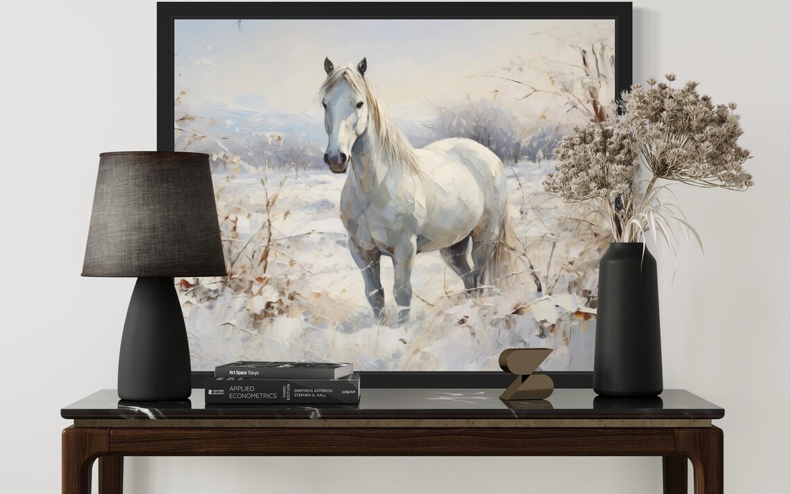 White Horse Standing in Snowy Winter Landscape Painting Poster - Image 3