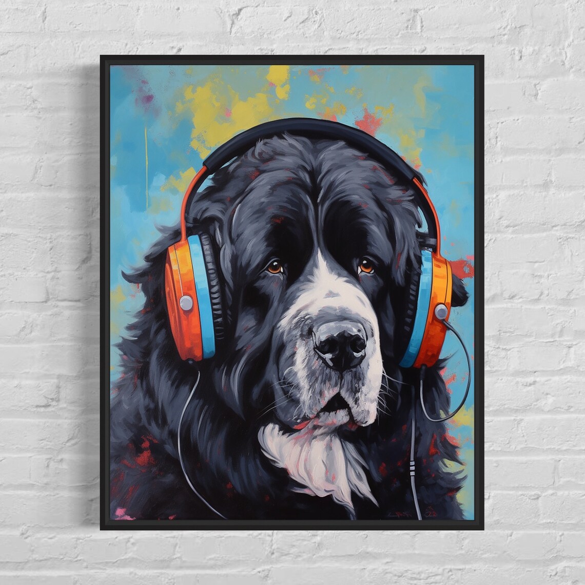 Newfoundland Dog Wearing Headphones Colorful Pop Art Portrait Poster