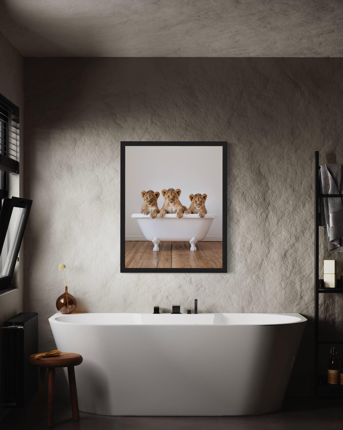 Three Lion Cubs Peeking Over a White Clawfoot Bathtub Photo Poster - Image 3